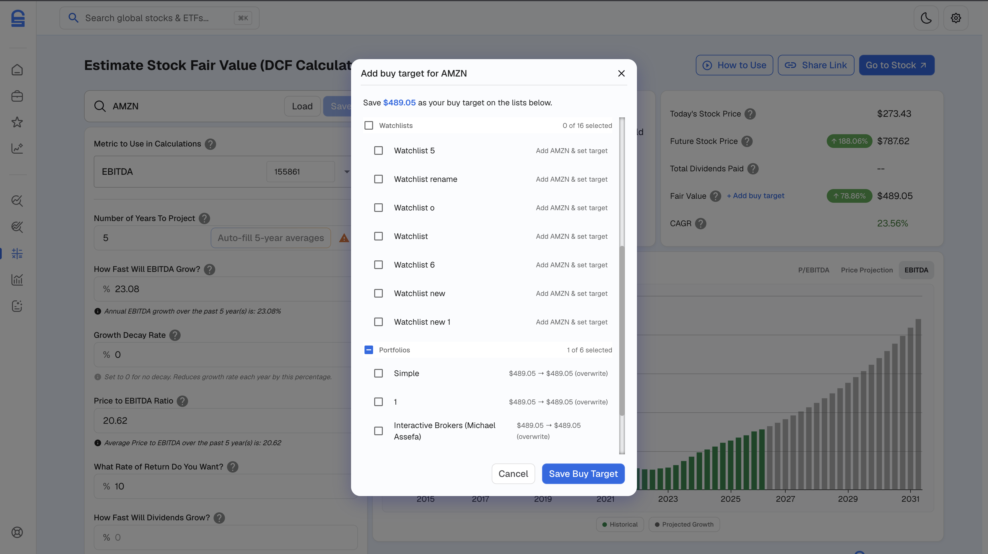 Add buy target for AMZN from the Stock Unlock DCF Calculator