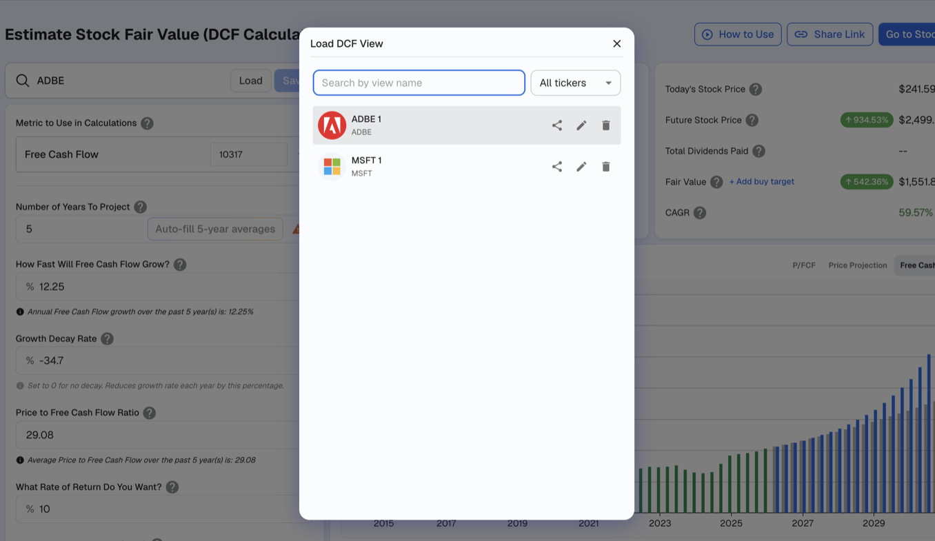 Load saved DCF calculation modal in the Stock Unlock DCF Calculator