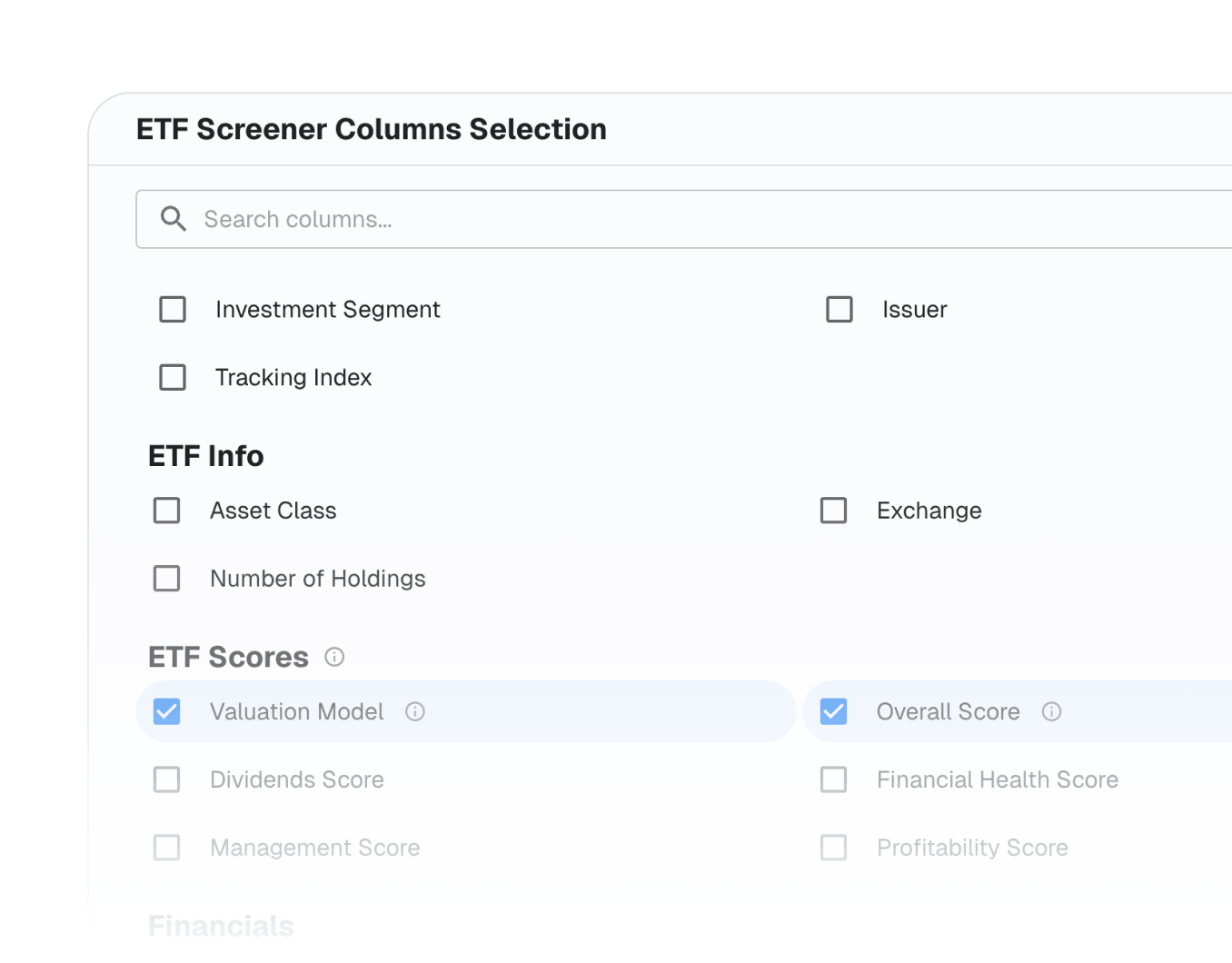 ETF Screener Results Table