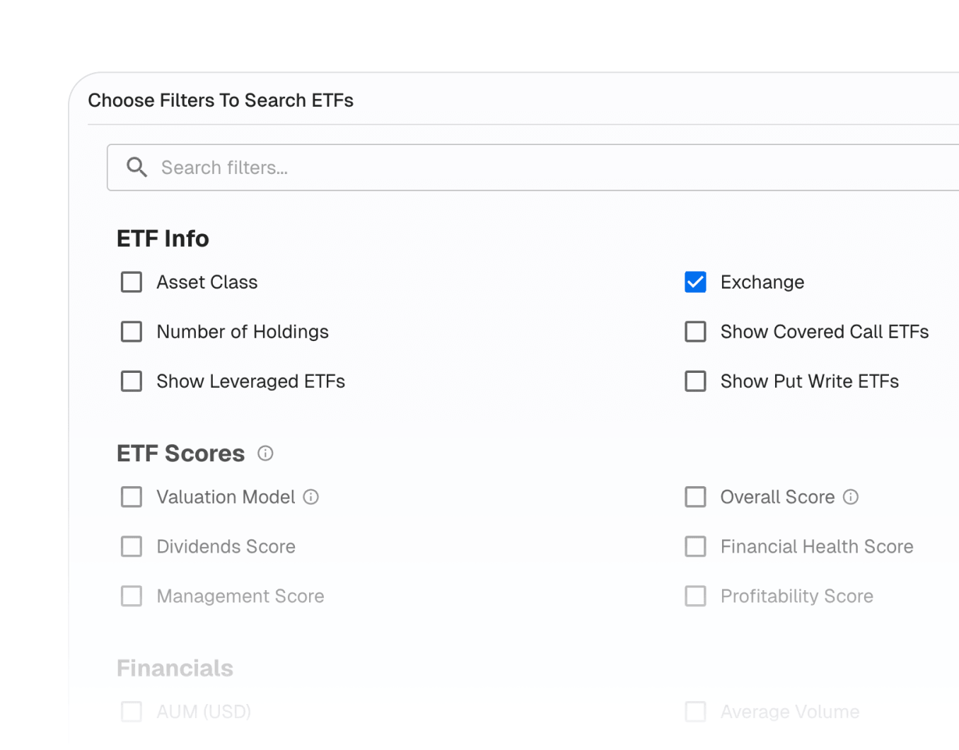 ETF Filters Interface