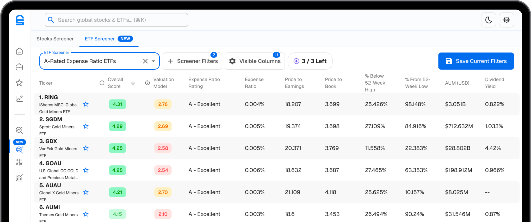 Stock Unlock ETF Screener Interface
